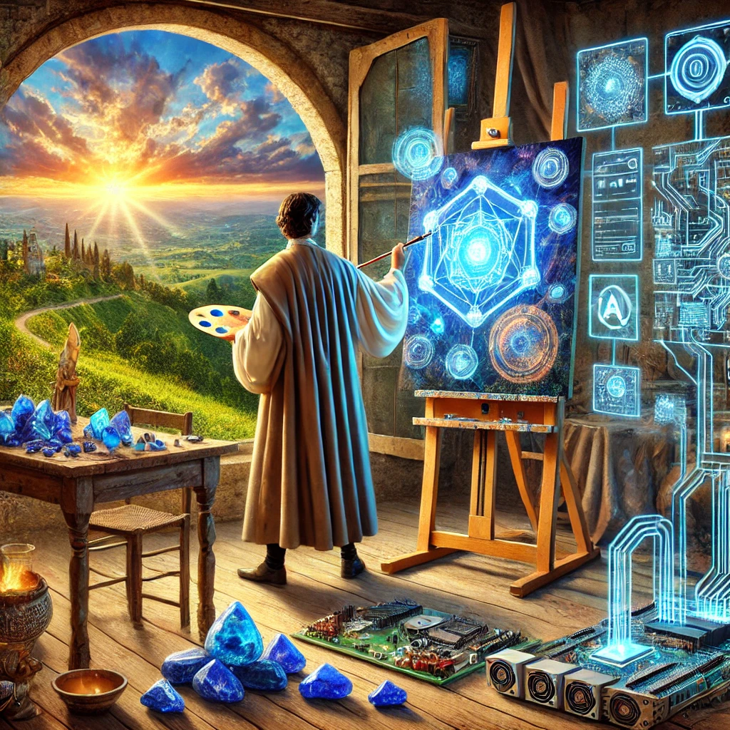 DALL·E 2025-03-12 14.23.25 – A person in medieval robes painting with Titian blue in a well-lit artistic studio. The painting on their easel depicts today’s possibilities of AI, s